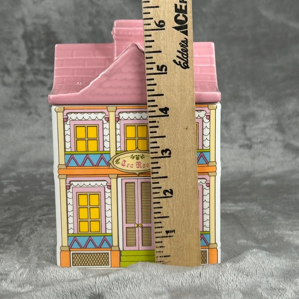 Vintage Ceramic Tea Room House Canister Pink White Victorian Cottagecore Jar